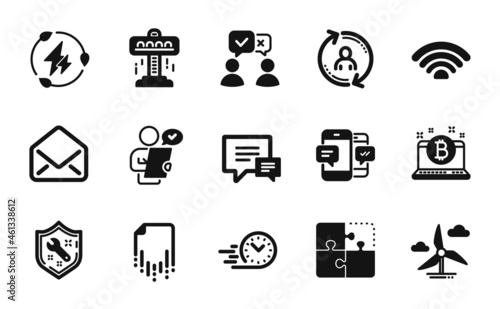 Vector set of People voting, Mail and Wifi icons simple set. Spanner, Windmill turbine and Smartphone sms icons. Green electricity, Puzzle and Customer survey signs. Vector