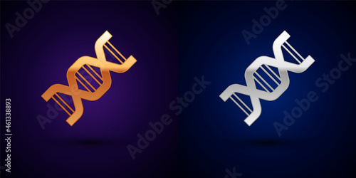 Gold and silver DNA symbol icon isolated on black background. Vector