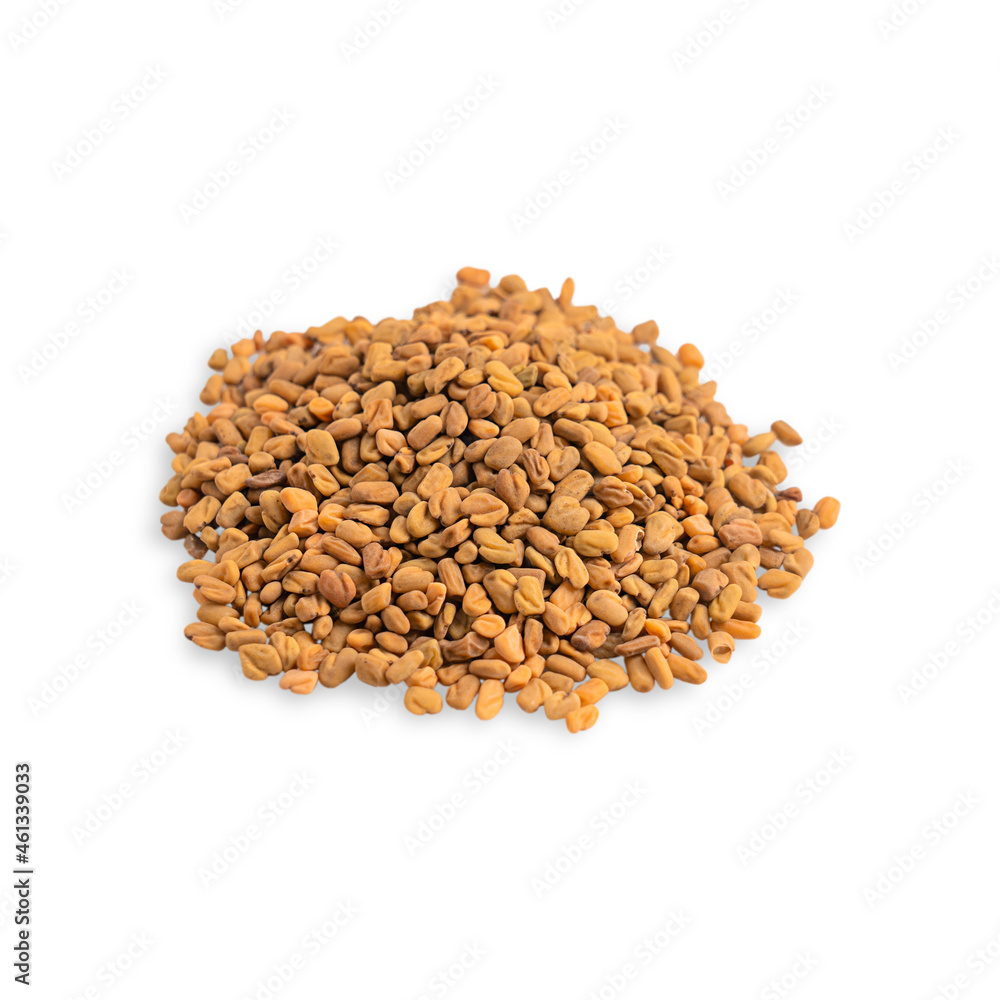 Pile of fenugreek brown dry raw seeds or grains used as ingredient for preparation of healthy helba tea or cooking food, also in local medicine of Egypt isolated on white background Pile of fenugreek brown dry raw seeds or grains used as ingredient for preparation of healthy helba tea or cooking food, also in local medicine of Egypt isolated on white background