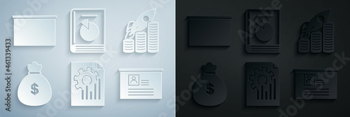 Set Document with graph chart, Rocket flying up on coins growth, Money bag, Board resume, User manual and Chalkboard icon. Vector