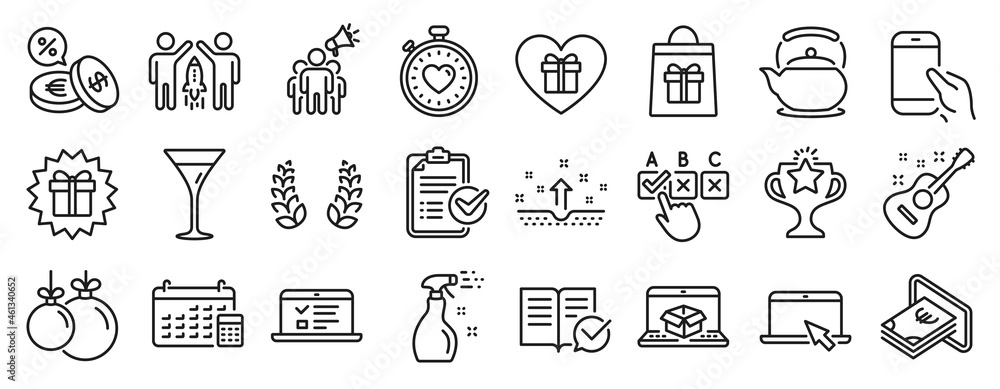 Set of line icons, such as Approved documentation, Survey checklist, Martini glass icons. Romantic gift, Clean skin, Surprise gift signs. Hold smartphone, Portable computer, Calendar. Cash. Vector