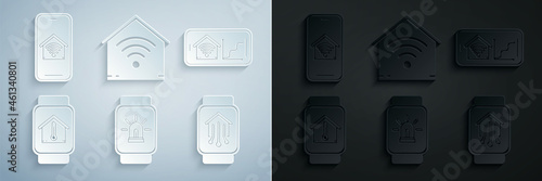 Set Smart watch with smart house and alarm, Mobile phone home wi-fi, temperature, and icon. Vector