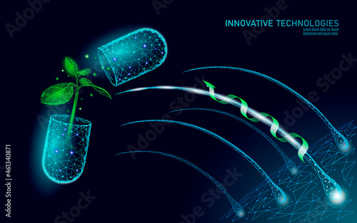 3D organic hair care supplement. Drug capsule natural extract essence green sprout. Hair follicle macro science therapy treatment vector illustration