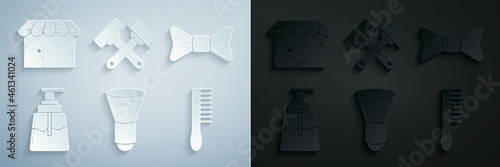 Set Shaving brush, Bow tie, Aftershave, Hairbrush, Crossed shaving razor and Barbershop building icon. Vector
