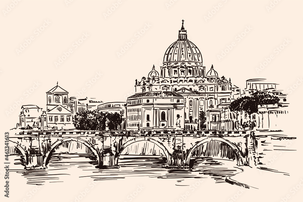 View of the Cathedral of St Peter over the Tiber River in Rome. Quick sketch.