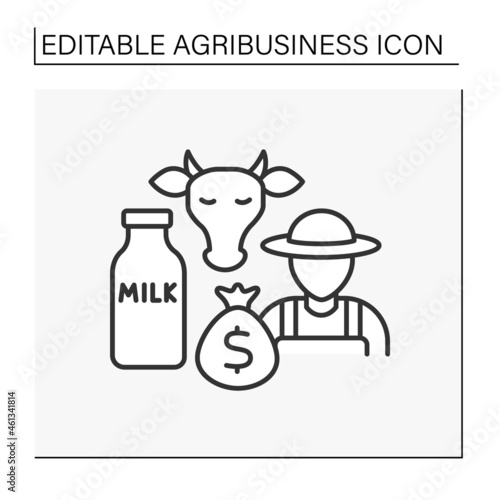 Dairy farming line icon. Farm manufacture of milk, butter and cheese. Market sale. Profitable business. Agribusiness concept. Isolated vector illustration. Editable stroke