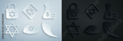 Set Jewish kippah with star of david, money bag and coin, Star David, Traditional ram horn, shofar, and Shopping icon. Vector