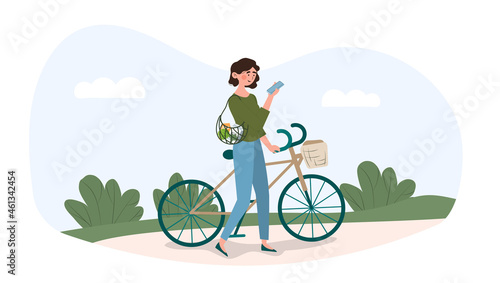 Woman riding bicycle with basket. Female character with smartphone and shopping heading home. Eco friendly transport. Athletic girl. Cartoon flat vector illustration isolated on white background
