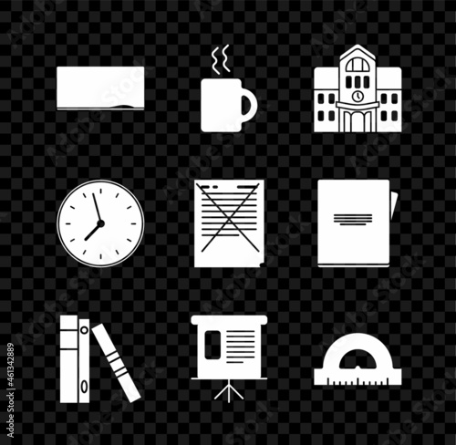 Set Chalkboard, Presentation financial graph, schedule, chart, diagram, infographic, pie graph, Protractor grid for measuring degrees, Clock and Exam incorrect answers survey icon. Vector