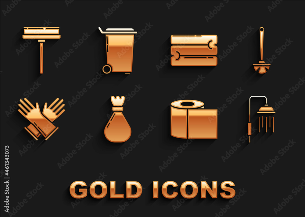 Set Garbage bag, Toilet brush, Shower head with water drops flowing, paper roll, Rubber gloves, Towel stack, Squeegee, scraper, wiper and Trash can icon. Vector Set Garbage bag, Toilet brush, Shower head with water drops flowing, paper roll, Rubber gloves, Towel stack, Squeegee, scraper, wiper and Trash can icon. Vector