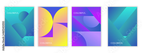 Minimalistic gradient posters. Modern art with geometric shapes, frames and inscriptions. Colorful design elements for covers and social networks. Cartoon 3D vector set isolated on white background