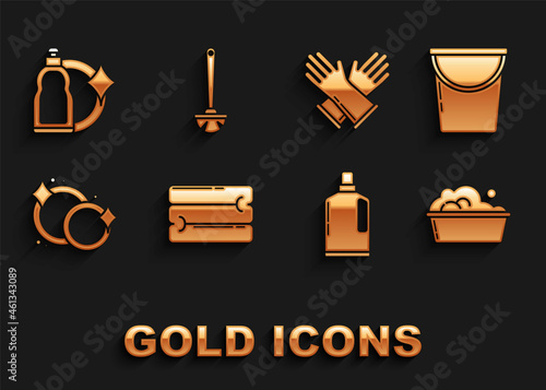 Set Towel stack, Bucket, Plastic basin with soap suds, bottles for liquid dishwashing liquid, Washing dishes, Rubber gloves, and Toilet brush icon. Vector
