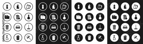 Set Plastic bottles for liquid dishwashing liquid, Trash can and garbage bag, Toilet paper roll, Garbage, Mop and icon. Vector