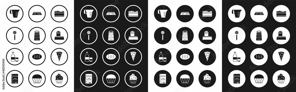 Set Brownie chocolate cake, Grater, Strainer spoon, Measuring cup, Scales, Electronic scales, Slice of pizza and Glass bottle with milk and glass icon. Vector Set Brownie chocolate cake, Grater, Strainer spoon, Measuring cup, Scales, Electronic scales, Slice of pizza and Glass bottle with milk and glass icon. Vector