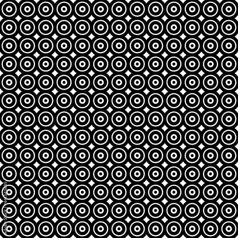 Vector illustration. Geometric seamless pattern. Solid dots and rhombus-shaped linear circles. Spotted black and white background. Simple black and white abstract pattern. Vector illustration. Geometric seamless pattern. Solid dots and rhombus-shaped linear circles. Spotted black and white background. Simple black and white abstract pattern.