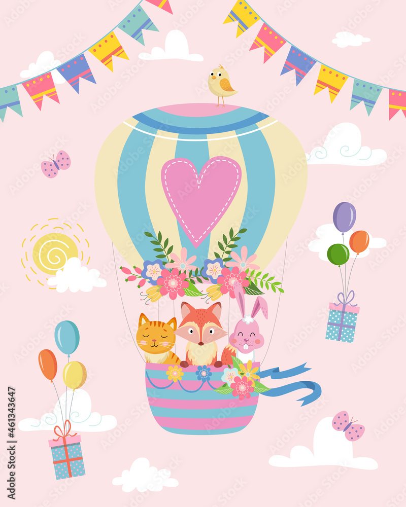 cute hot air balloon with animals birthday card template with presents vector illustration on pink cute hot air balloon with animals birthday card template with presents vector illustration on pink