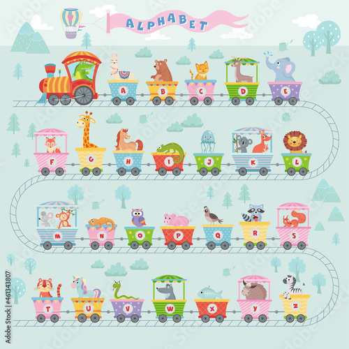 Alphabet train with animals. Cartoon animal illustration in van, education abc letter for children school vector on blue forest