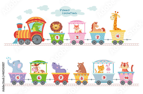 counting train with animals. Cartoon animal illustration in van, education for children school vector on white