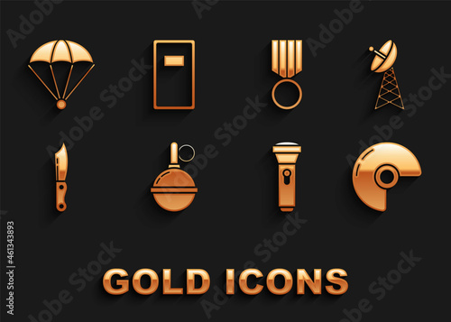Set Hand grenade, Radar, Military helmet, Flashlight, knife, reward medal, Parachute and Police assault shield icon. Vector