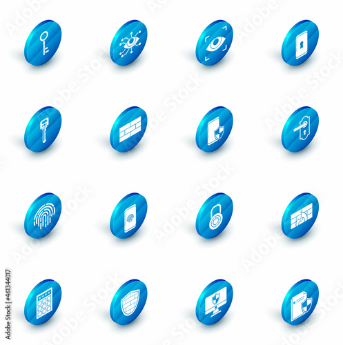 Set Eye scan, Smartphone with lock, Key, Fingerprint, Bricks, Door handle and security shield icon. Vector