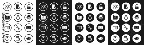 Set Open padlock, Lock, FTP folder and, Eye scan, Paper shredder confidential, Smartphone with security shield, Firewall, wall and Safe icon. Vector