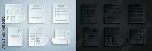 Set Shopping building with shield, Report file document, Personal folder, Medical clipboard clinical record, Blank notebook and pen and hospital icon. Vector