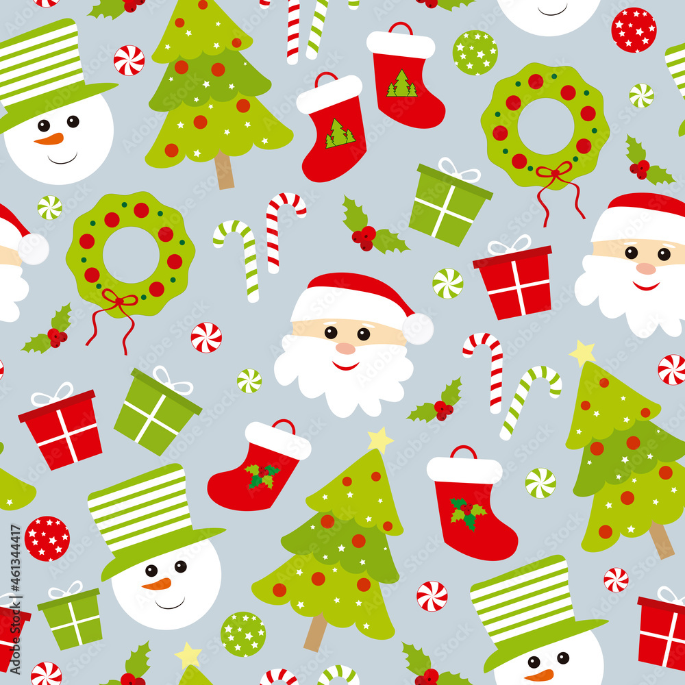 Christmas seamless pattern with Santa Claus, Christmas tree, Christmas wreath, snowman and candy cane. Vector illustration.