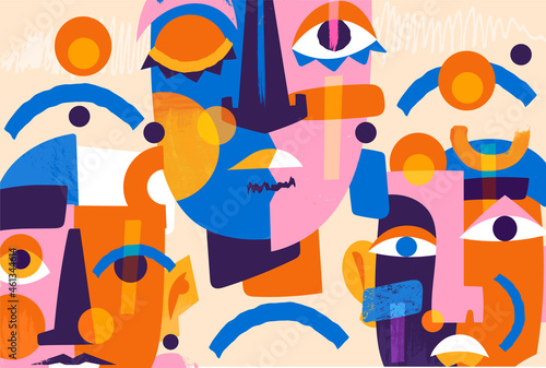 Modern fashionable poster. Abstract art with female faces made of geometric shapes. Stylish picture for home decoration and printing. Cartoon flat vector illustration isolated on pink background