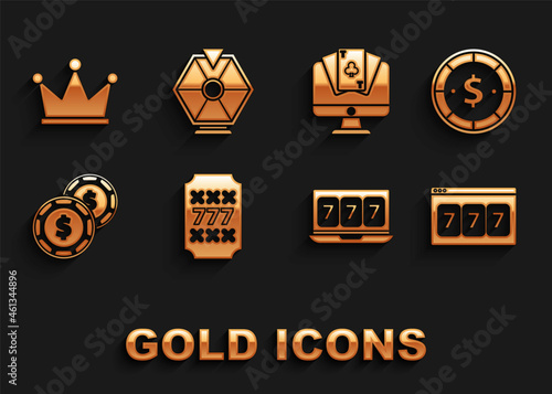 Set Slot machine with lucky sevens jackpot, Casino chip dollar, Online slot, poker table game, Crown and Lucky wheel icon. Vector