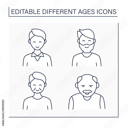 Different ages line icons set. Generations. Newborn, teenagers, adulthood and retirement of male life. Life cycle concept. Isolated vector illustrations. Editable stroke