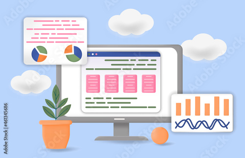 Data analytics concept. SEO screen PC. Computer monitor with statistics in form of graphs and diagrams. Investment and business development. Realistic vector illustration isolated on blue background