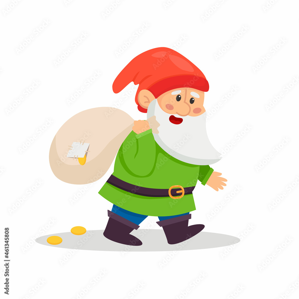 Cartoon happy dwarf carrying sack with gold Cartoon happy dwarf carrying sack with gold