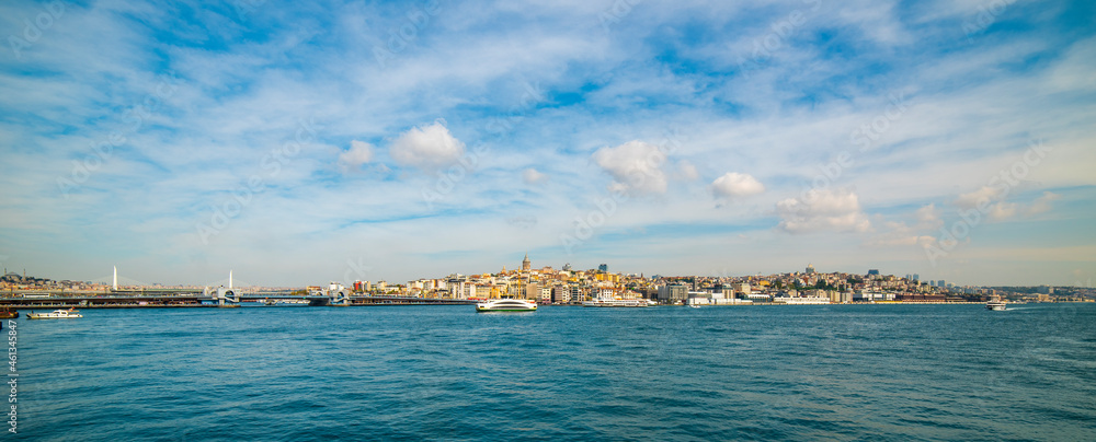 ISTANBUL, TURKEY. Panoramic view of Istanbul Bosphorus. Galata Tower and Galata Bridge.