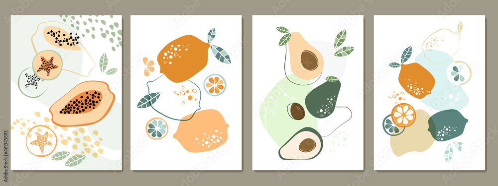 A set of contemporary poster of modern art with fruit. Papaya, citrus, lemon, avocado. Whole vegetables, sliced, simple shapes, minimalism. Artistic printing. Vector graphics.