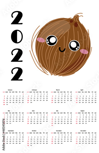 Calendar 2022 year in English for children with cute funny coconut character which smilling. Week starts on Sunday