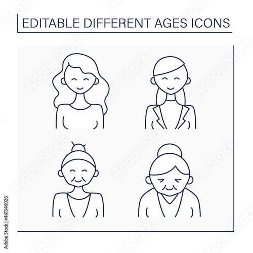 Different ages line icons set. Generations. Newborn, teenager, adulthood and retirement of womane life. Life cycle concept. Isolated vector illustrations. Editable stroke