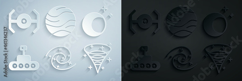 Set Black hole, Moon and stars, Mars rover, Planet and Cosmic ship icon. Vector