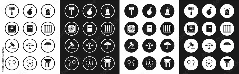 Set Flasher siren, Law book, Safe, Judge gavel, Prison window, Bomb ready to explode, Umbrella and icon. Vector Set Flasher siren, Law book, Safe, Judge gavel, Prison window, Bomb ready to explode, Umbrella and icon. Vector