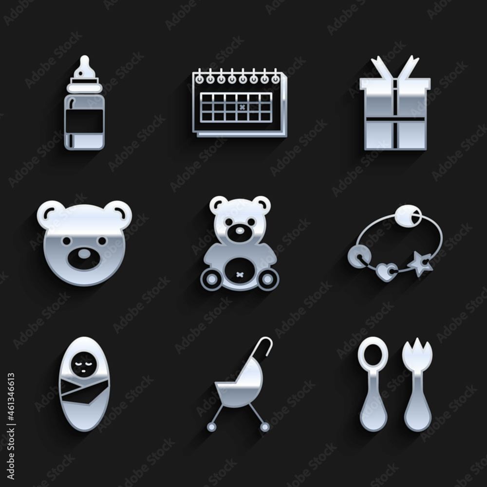 Set Teddy bear plush toy, Baby stroller, cutlery with fork and spoon, Rattle baby, Newborn infant swaddled, Gift box and bottle icon. Vector Set Teddy bear plush toy, Baby stroller, cutlery with fork and spoon, Rattle baby, Newborn infant swaddled, Gift box and bottle icon. Vector