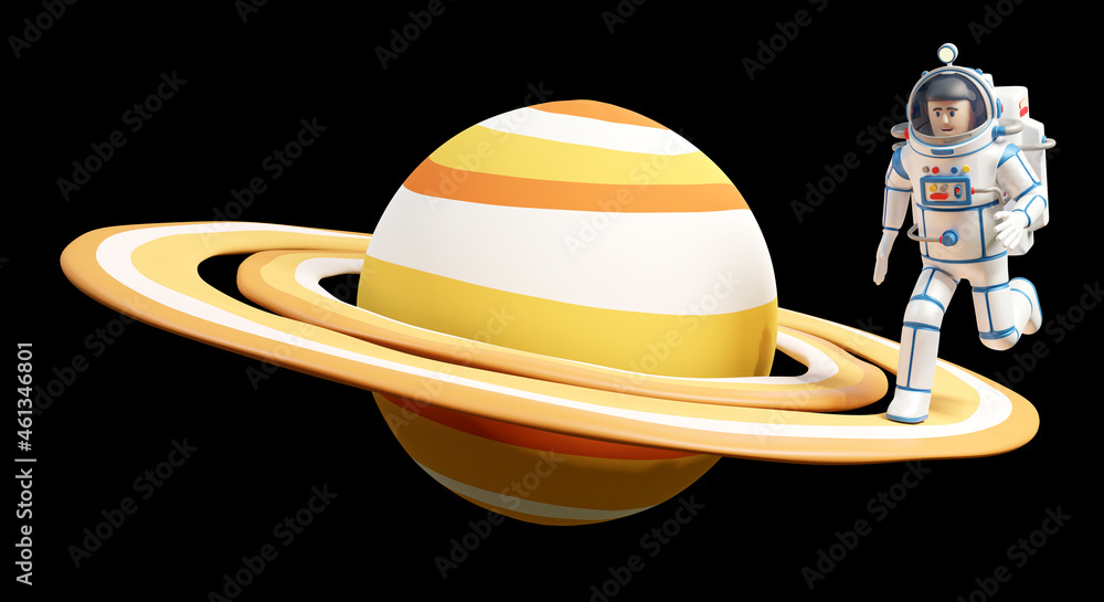 Astronaut in spacesuit on the rings of Saturn. Planet Saturn and the running spaceman. 3d illustration, 3d render Astronaut in spacesuit on the rings of Saturn. Planet Saturn and the running spaceman. 3d illustration, 3d render