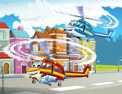 Fototapeta Naklejka Na Ścianę i Meble -  cartoon happy scene with helicopter flying in city