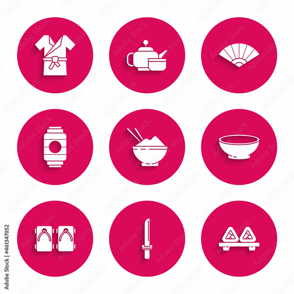 Set Rice in a bowl with chopstick, Sushi on cutting board, Bowl of hot soup, Geta traditional shoes, paper lantern, Paper chinese or japanese folding fan and costume Kimono icon. Vector Set Rice in a bowl with chopstick, Sushi on cutting board, Bowl of hot soup, Geta traditional shoes, paper lantern, Paper chinese or japanese folding fan and costume Kimono icon. Vector