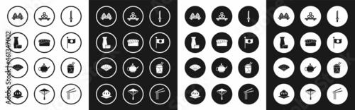 Set Japanese katana, Sushi, Traditional tea ceremony, cutting board, National flag of pole, Asian noodles paper box and chopsticks and Paper chinese or japanese folding fan icon. Vector