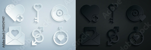 Set Male gender symbol, Romantic music, Envelope with heart, Heart in the center stopwatch, Key shape and icon. Vector