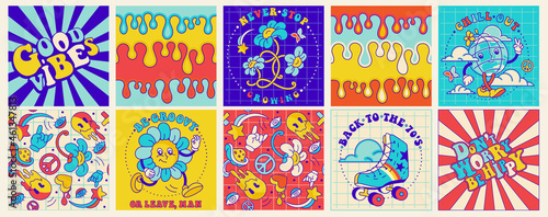 фотография 70's groovy square poster, sticker and seamless pattern
