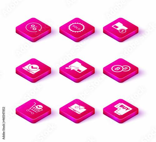Set Shopping cart with check mark, Laptop and cursor, Cursor click document folder, Buy button, Cryptocurrency coin Bitcoin, Envelope dollar and Sold label icon. Vector