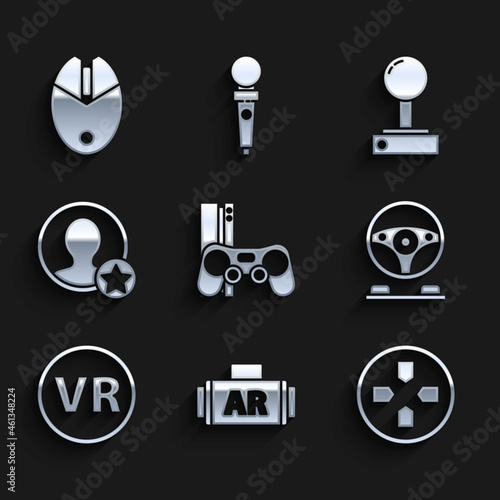 Set Game console with joystick, augmented reality, Gamepad, Racing simulator cockpit, Virtual glasses, Premium create account screen, Joystick for arcade machine and Computer mouse gaming icon. Vector