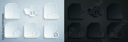 Set Unknown document, Cloud storage text, Document with clock, and, download upload and Upload file icon. Vector