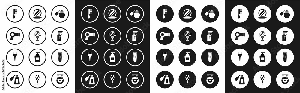 Set Aftershave bottle with atomizer, Round makeup mirror, Hair dryer, Hairbrush, Hairdresser pistol spray, Makeup powder, Electrical hair clipper shaver and icon. Vector Set Aftershave bottle with atomizer, Round makeup mirror, Hair dryer, Hairbrush, Hairdresser pistol spray, Makeup powder, Electrical hair clipper shaver and icon. Vector