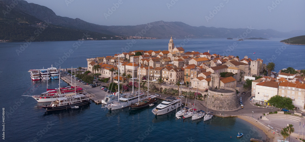 Aerial drone view of Korcula historical old town, Dalmatia, Croatia.